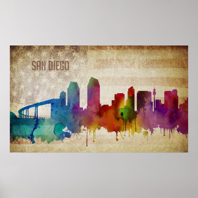 Affiche San Diego, CA | Aquarelle Ville Skyline (Devant)