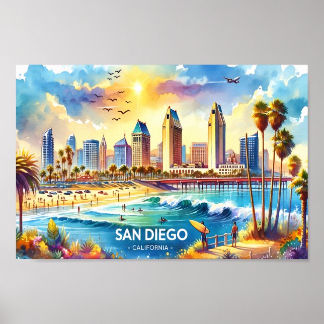 Affiche San Diego California Travel Places aquarelle (Devant)