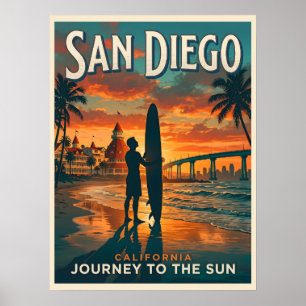 Affiche San Diego Californie Coucher de Soleil Surf Voyage