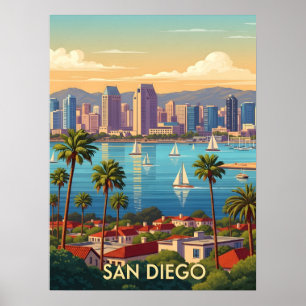 Affiche San Diego Californie Rétro Vue Ciel Côtière 