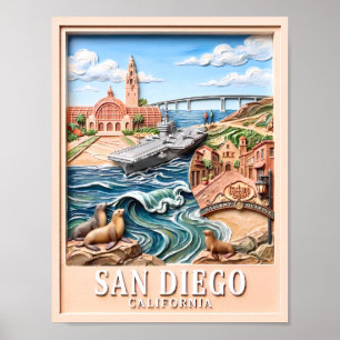 Affiche San Diego Californie Voyage Monuments 3D Texturés