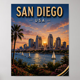 Affiche San Diego, port de voyage et skyline côtier