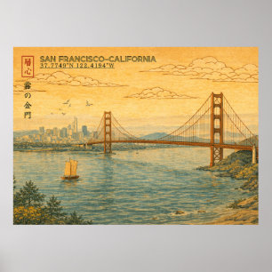 Affiche San Francisco Californie Skyline en Ukiyo japonais