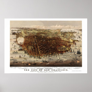 Affiche San Francisco, carte panoramique de CA - 1878