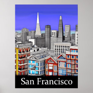 Affiche San Francisco Skyline Colour Line Art