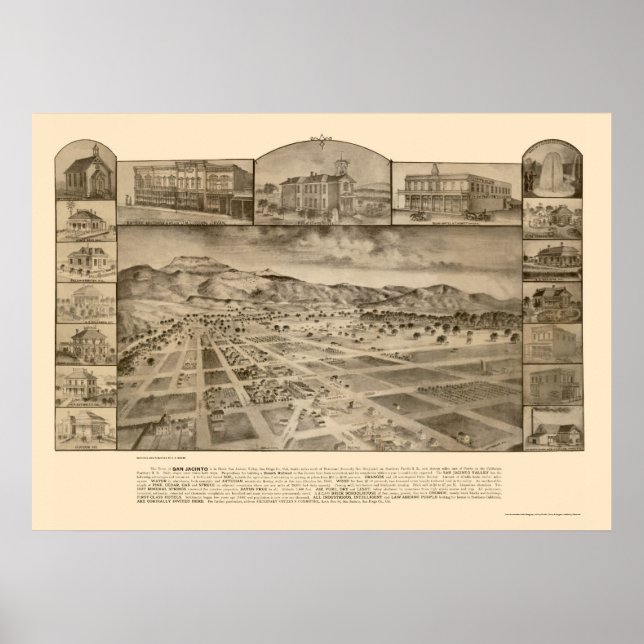 Affiche San Jacinto, CA Carte panoramique - 1886 (Devant)