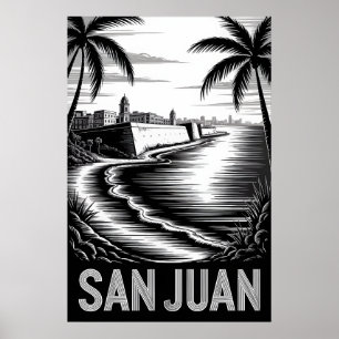 Affiche San Juan Porto Rico Gravure sur Bois Noir Blanc