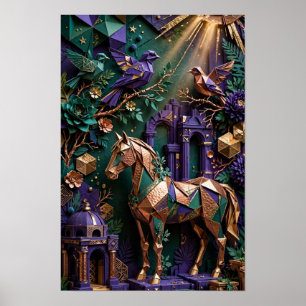 Affiche Sanctuaire de cheval en origami émeraude - Cuivre