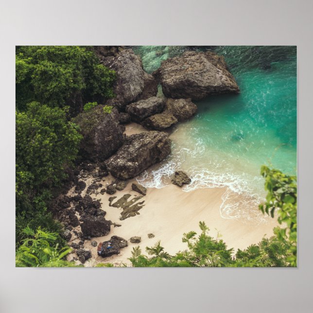 Affiche Sandy Beach Cove avec arbres verts, rochers et océ (Devant)