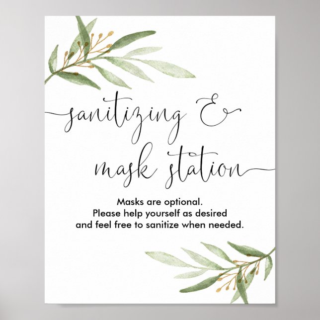 Affiche Sanitizing mask station sign greenery gold (Devant)