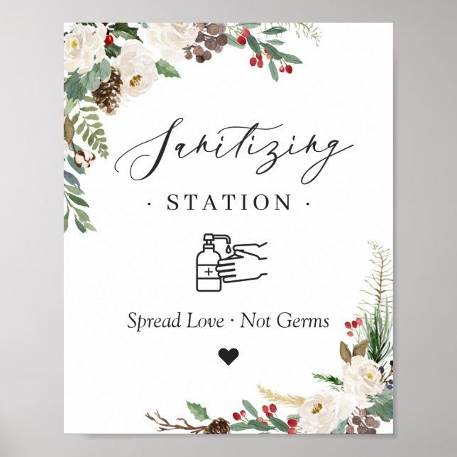 Affiche Sanitizing Station Sign Rustic Chic Winter Floral (Devant)
