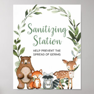 Affiche Sanitizing station woodland animals baby shower