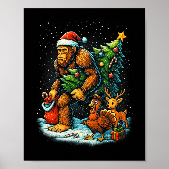 Affiche Santa Bigfoot Christmas Tree Turkey Reindeer Thank (Devant)