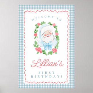 Affiche Santa Birthday Sign with Blue Gingham and Roses