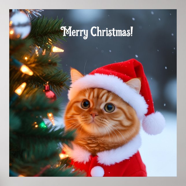 Affiche Santa Chat À Côté de l'Arbre de Noël (Devant)