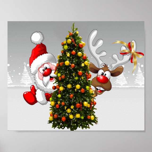 Affiche Santa claus and reindeer behind a christmas tree.j (Devant)