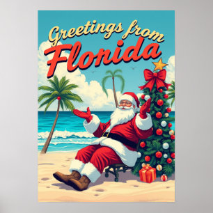 Affiche Santa Claus rétro vintage à la plage - Floride