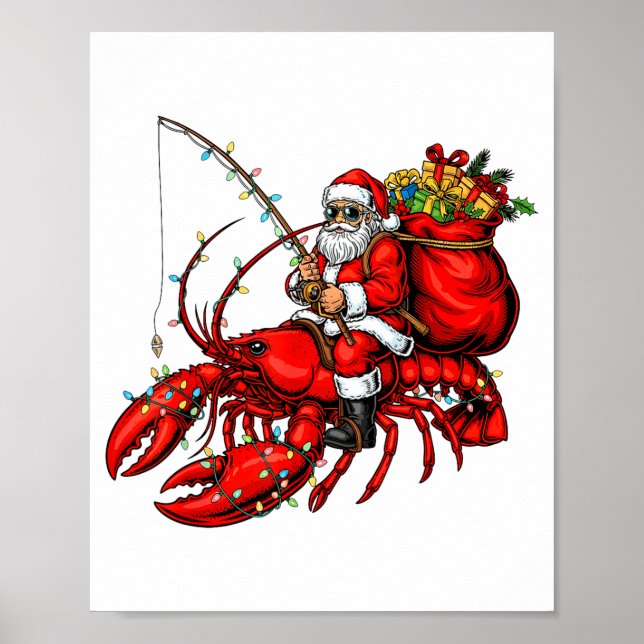 Affiche Santa Claus Riding Lobster Lights Christmas Fishin (Devant)