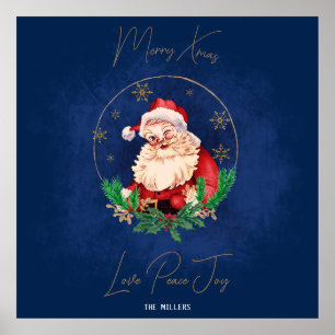 Affiche Santa Claus Rouge Bleu mignon Vintage Joyeux Noël