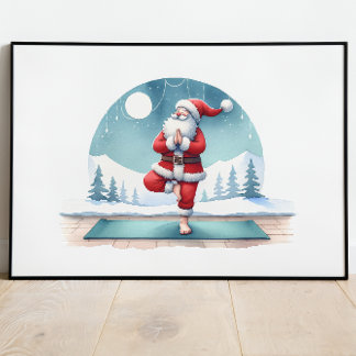 Affiche Santa Clause Yoga entraînement aquarelle