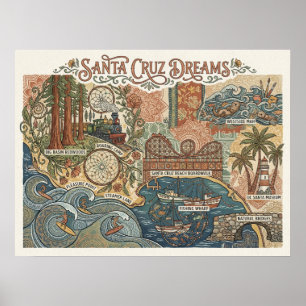 Affiche Santa Cruz California Dreams Carte UCSC Surf