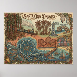 Affiche Santa Cruz California Dreams Map – Vibrant Coast