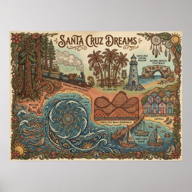 Affiche Santa Cruz California Dreams Map – Vibrant Coast (Devant)