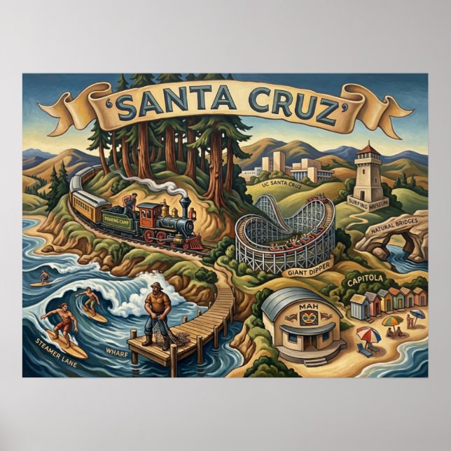 Affiche Santa Cruz California Illustrated Map UCSC Wharf (Devant)