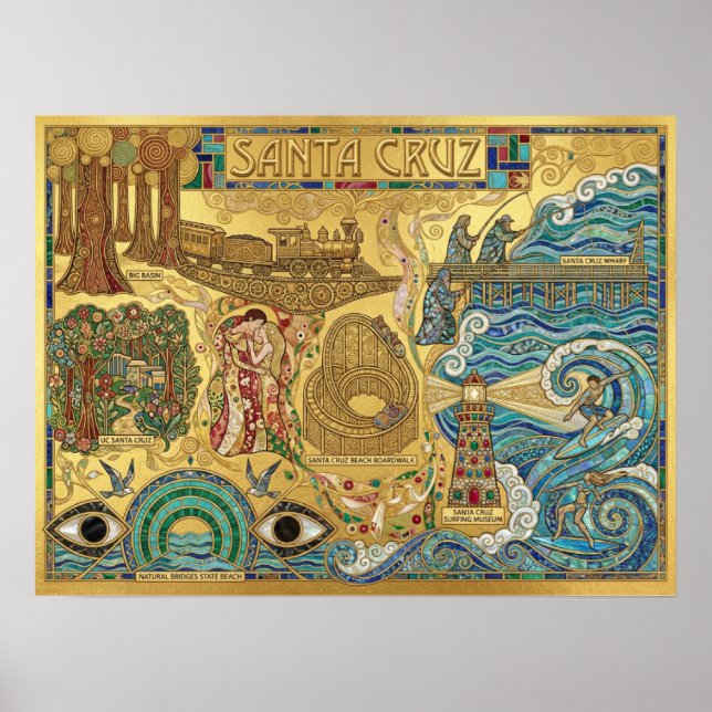 Affiche Santa Cruz California Mosaic Map Boardwalk Beach (Devant)