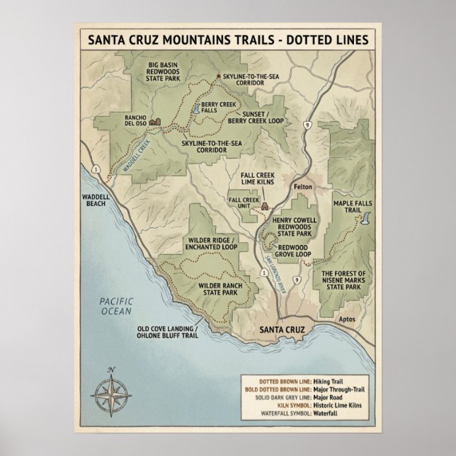 Affiche Santa Cruz California Trail Map Redwood & Coastal  (Devant)
