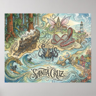 Affiche Santa Cruz Californie Carte Illustrée Mythique