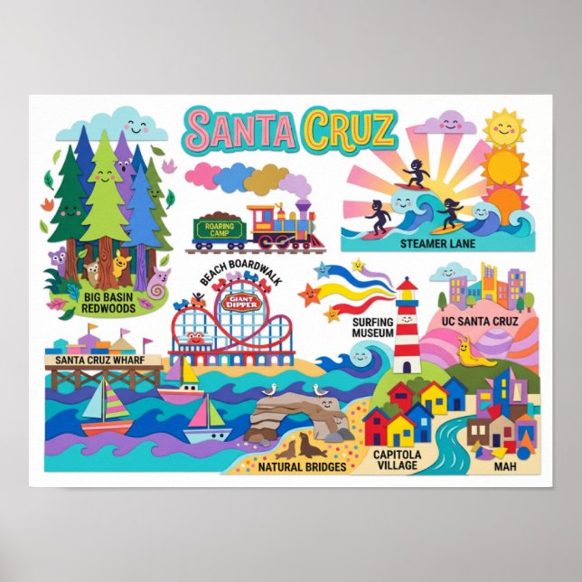 Affiche Santa Cruz Illustrated Map Boardwalk Beach Surfing (Devant)