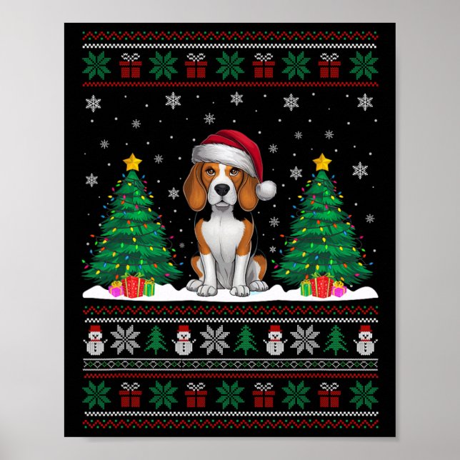 Affiche Santa Hat Chien Beagle Noël Lumières Arbre Vilain (Devant)