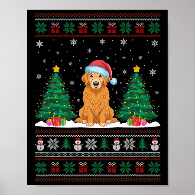 Affiche Santa Hat Golden Retriever Chien Xmas Arbre Lumièr (Devant)