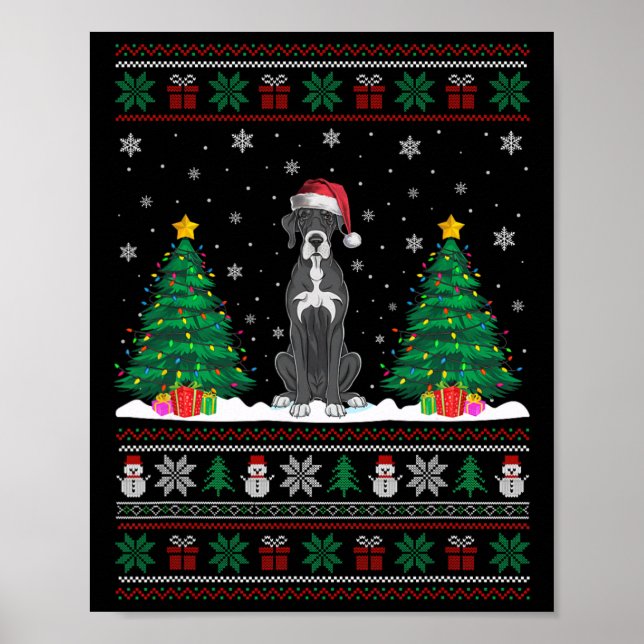Affiche Santa Hat Great Dane Chien Noël Arbre Lumières Ugl (Devant)