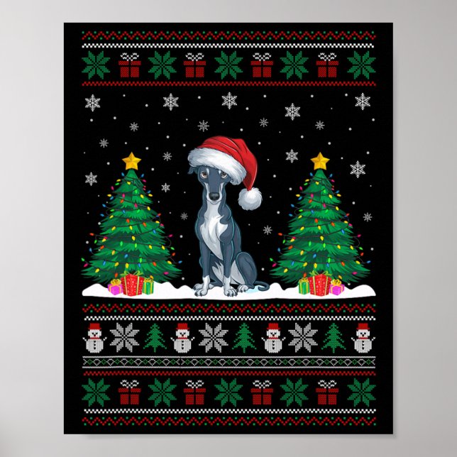 Affiche Santa Hat Greyhound Chien Noël Lumières des arbres (Devant)