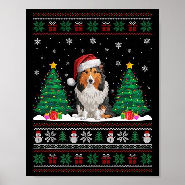 Affiche Santa Hat Shetland Sheepdog Chien Xmas Tree Light  (Devant)