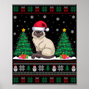 Affiche Santa Hat Siamese Chat Noël Arbre Lumières Laid S