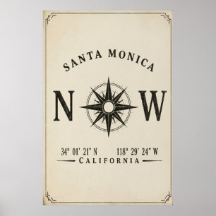 Affiche Santa Monica Californie Coordonnées Design Vintage