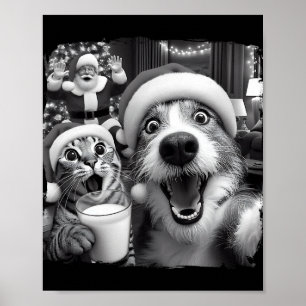 Affiche Santa Noël Chat Drôle Prenant Selfie Raton laveur