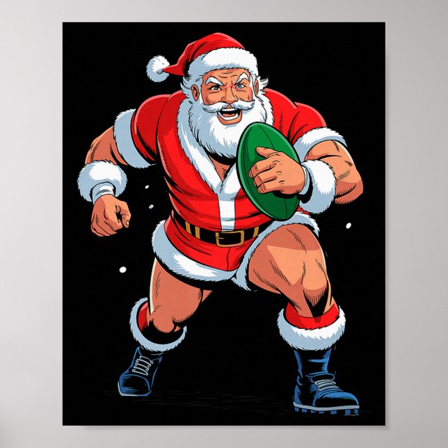 Affiche Santa Playing Rugby Funny Holiday Christmas Xmas P (Devant)