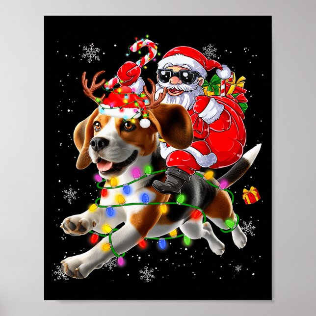 Affiche Santa Riding Beagle Christmas Lights Funny Dog Xma (Devant)