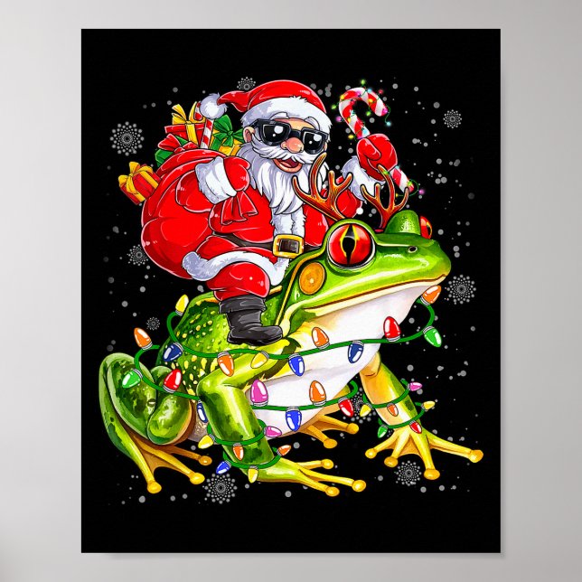Affiche Santa Riding Frog Christmas Lights Funny Xmas Tree (Devant)
