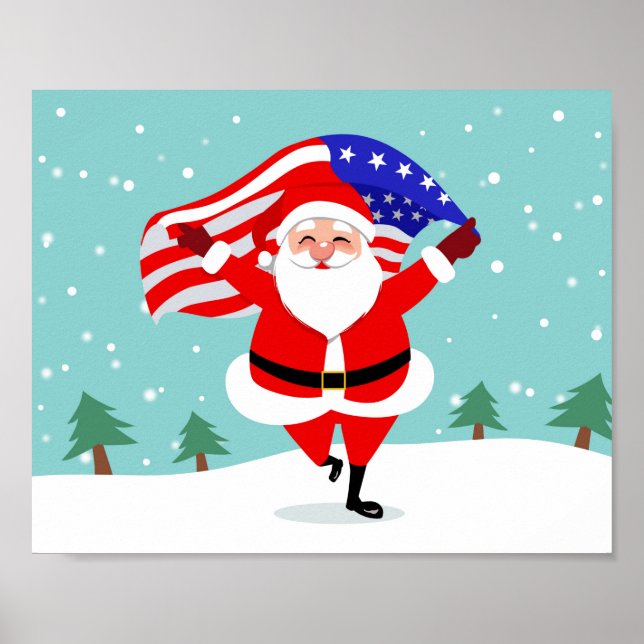Affiche Santa running with american flag (Devant)
