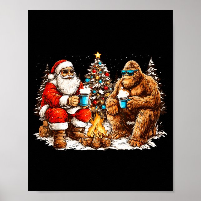 Affiche Santa With Bigfoot Christmas Campfire Funny Sasqua (Devant)
