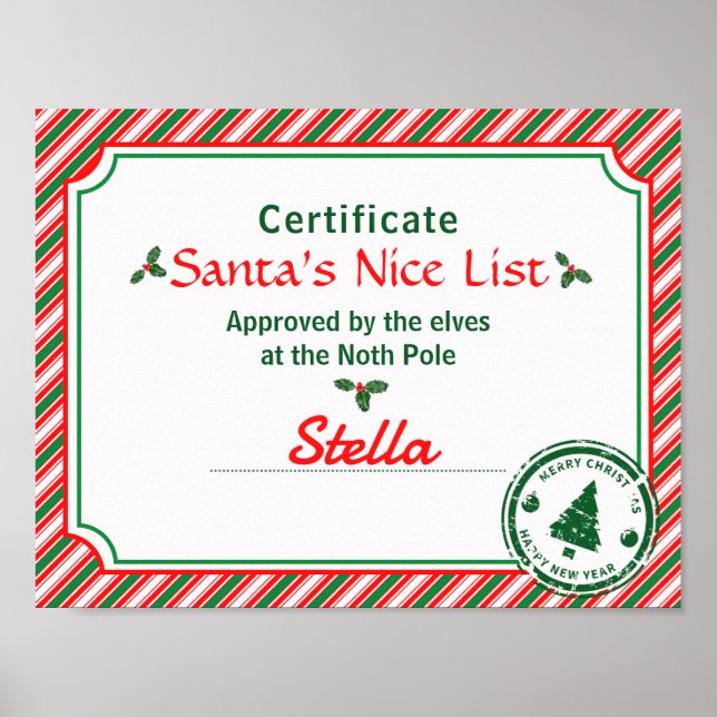Affiche Santa's Nice List Certificate Red Green Candy Cane (Devant)