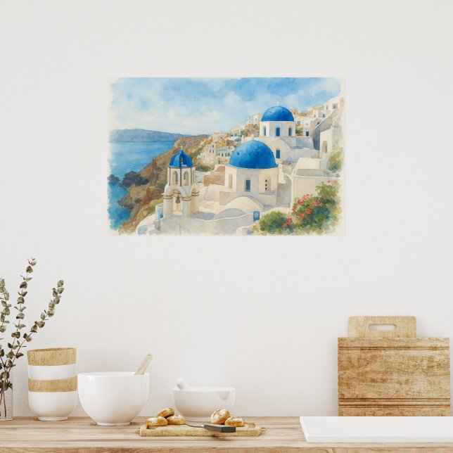 Affiche Santorin Grèce Aquarelle Art de l'église à dôme bl (Cuisine)