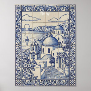 Affiche Santorin Grèce Art Portugais Azulejo Bleu
