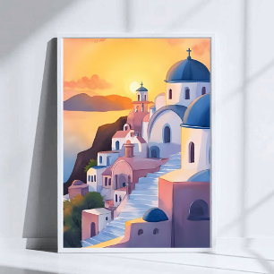 Affiche Santorin, Grèce   Coucher de soleil sur la côte à 