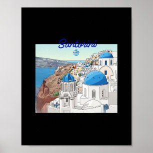 Affiche Santorin Grèce Drapeau Grec Art de vacances Dôme B
